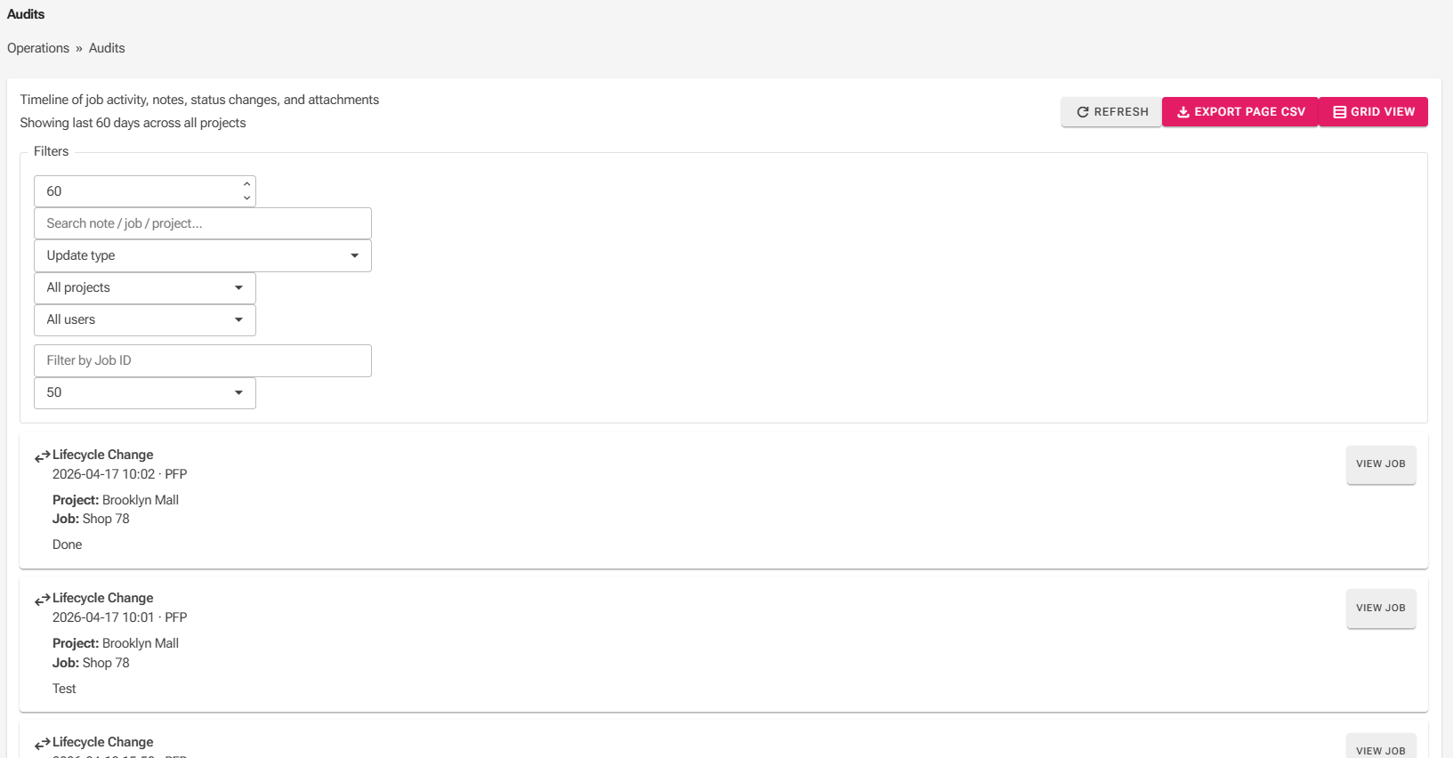 Audit timeline view showing lifecycle changes and work history.