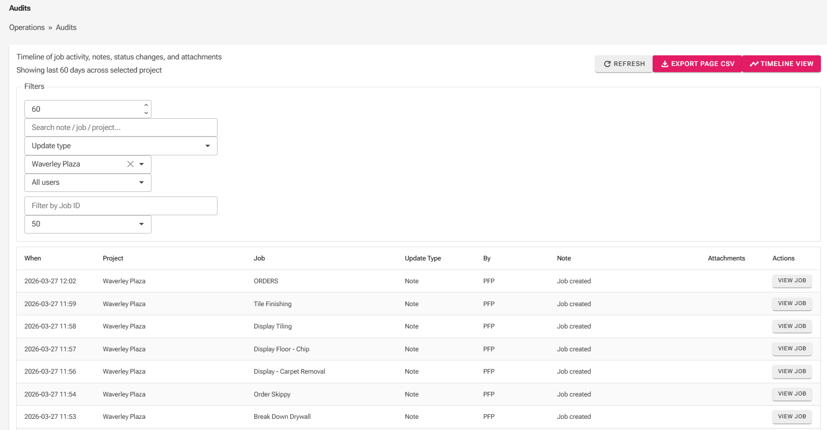 Audit grid view showing project, job, update type and actions.