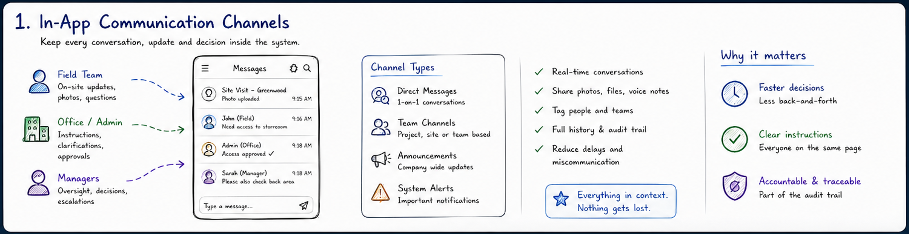 Whiteboard diagram showing in-app communication channels for field teams, office admin and managers.